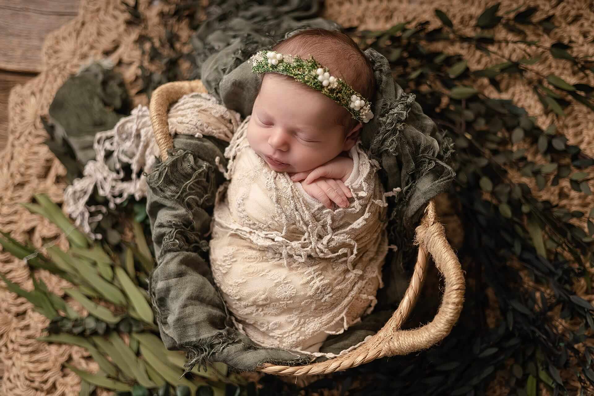 Un bébé nouveau-né est endormi dans un panier entouré de feuilles vertes.