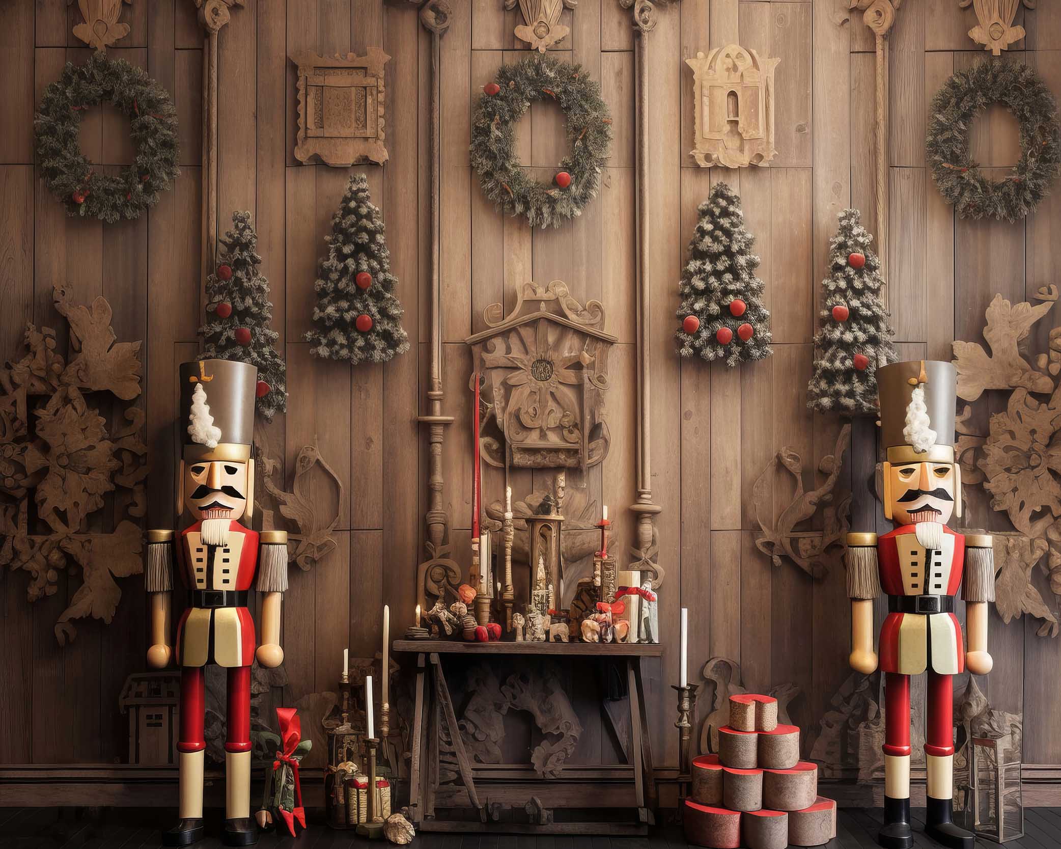 Casse-noisettes et décorations de Noël sur fond de bois.