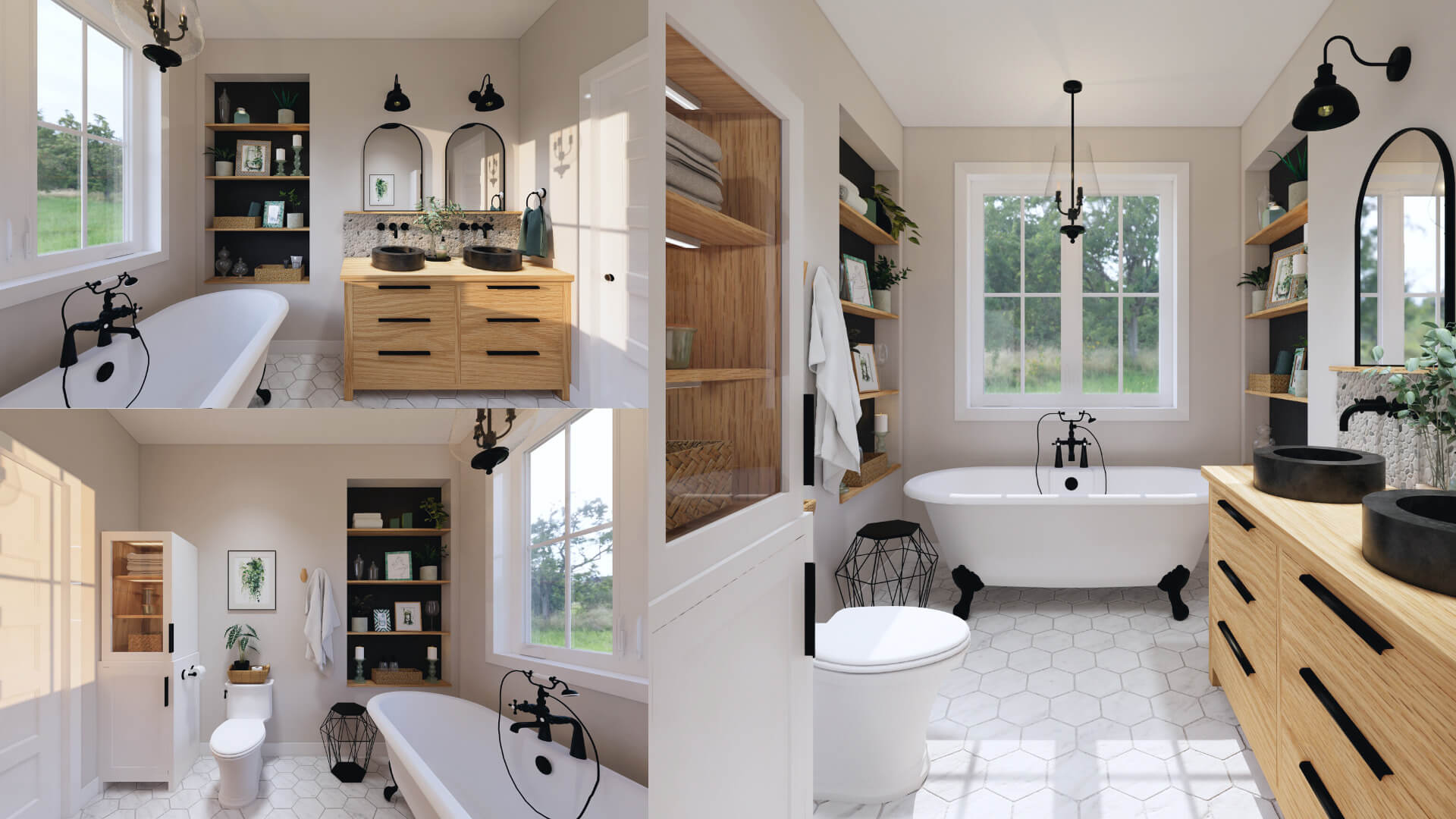 Rendus 3D d'une salle de bain farmhouse moderne, réalisés par une designer d'intérieur de Granby.