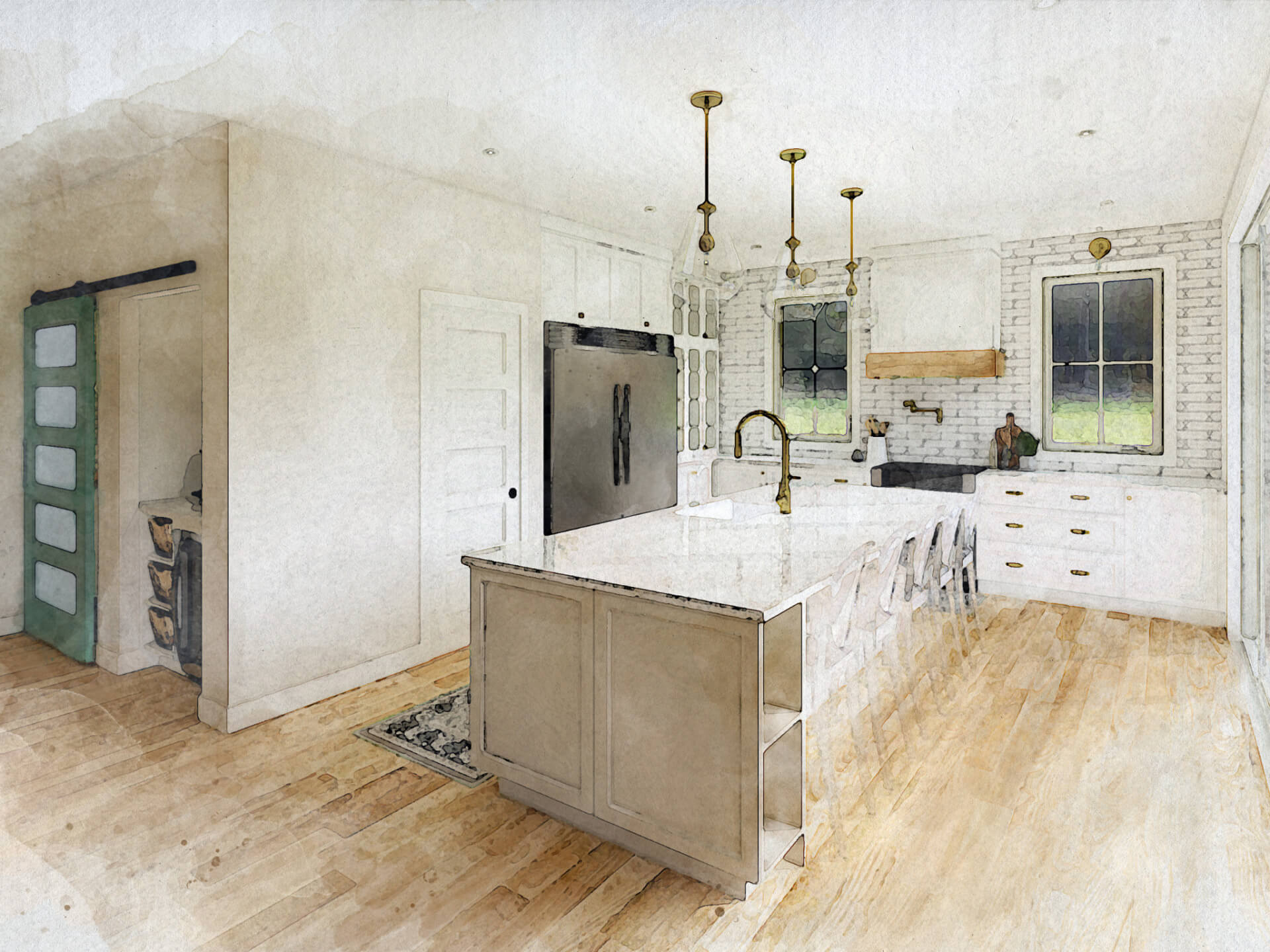 Croquis avec effet aquarelle d'une cuisine, réalisé à partir d'une image 3D.