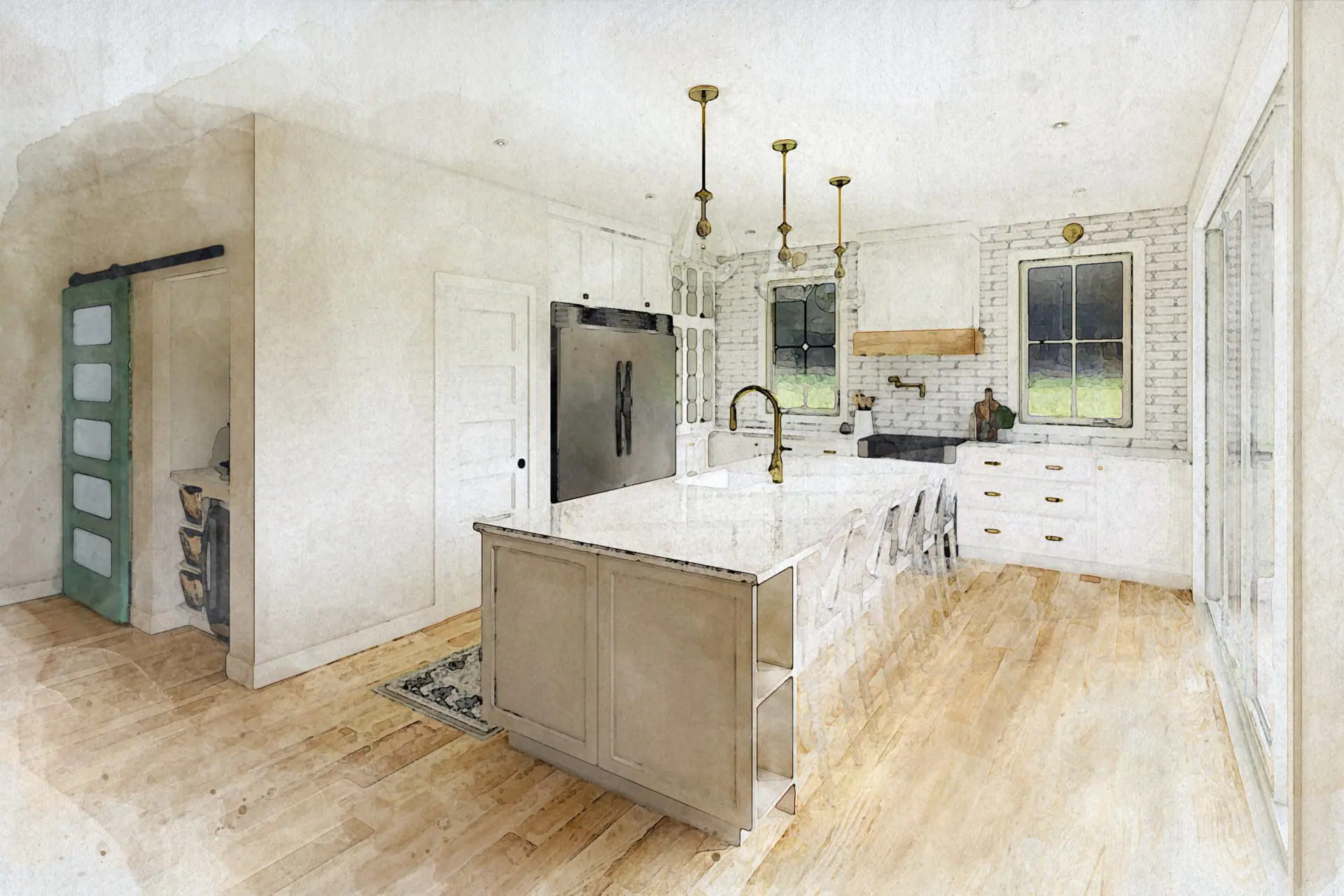 Une aquarelle représentant une cuisine avec du parquet, réalisée par une designer d'intérieur de Granby, en Estrie.