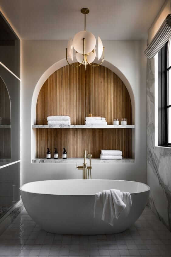 Une salle de bain avec baignoire blanche et murs en marbre.