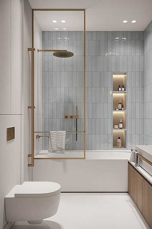 Une salle de bain moderne avec du carrelage bleu et des accents dorés.