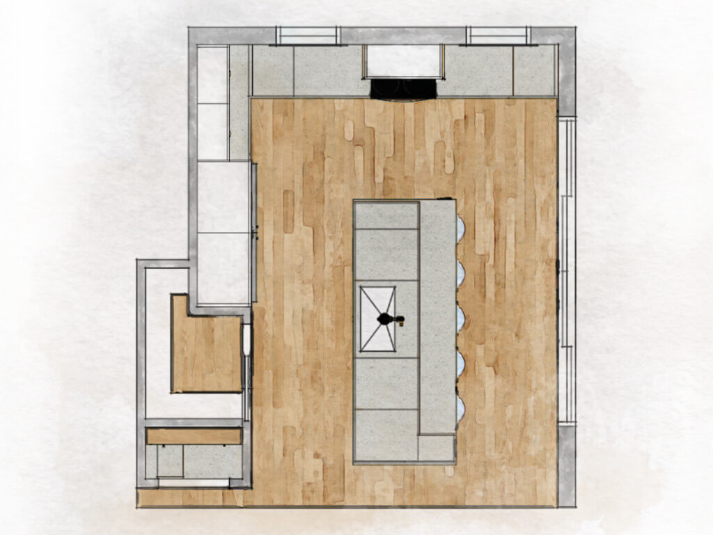 Un dessin d'un plan 2d de cuisine, réalisé par une designer d'intérieur de Granby.