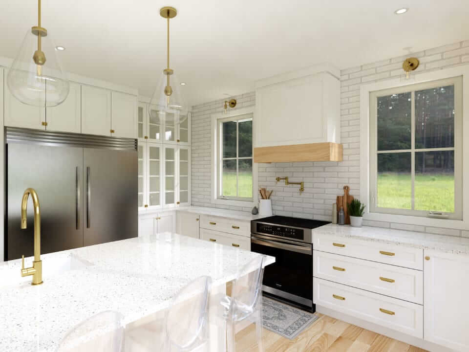 Un rendu 3d d'une cuisine avec des armoires blanches et des accents dorés, réalisé par une designer d'intérieur de Granby, en Estrie.