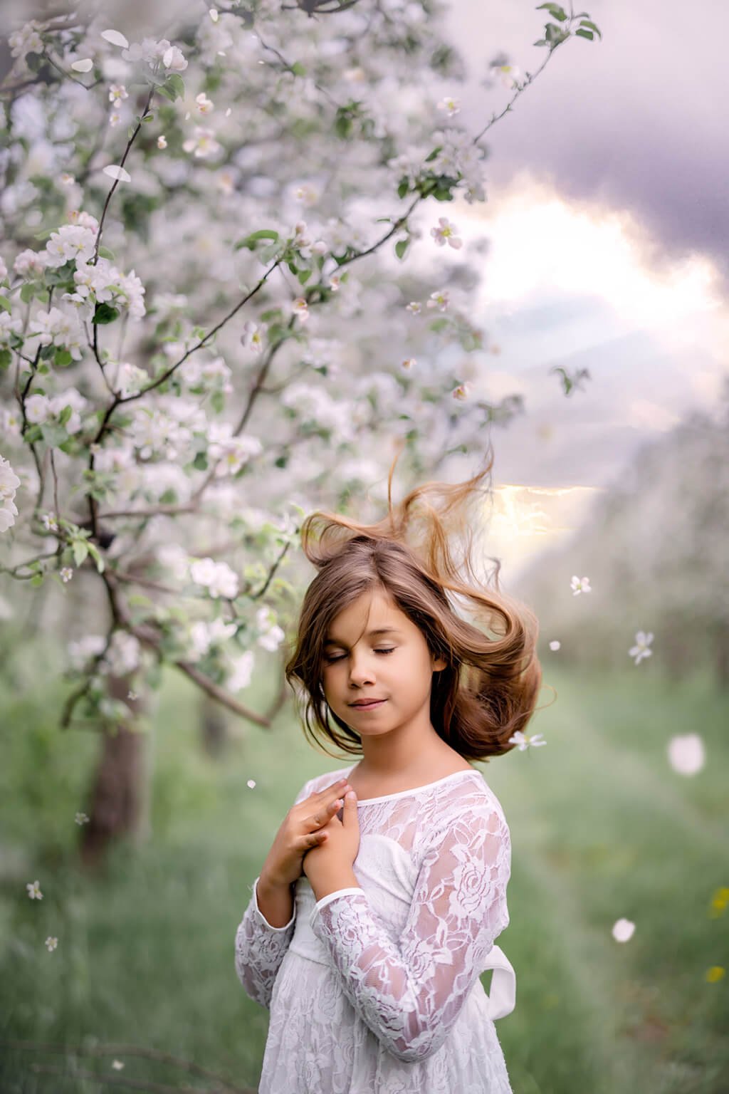 Petite fille en robe blanche dans un verger de pommiers en fleurs — Rébecca Vandal, photographe à Granby