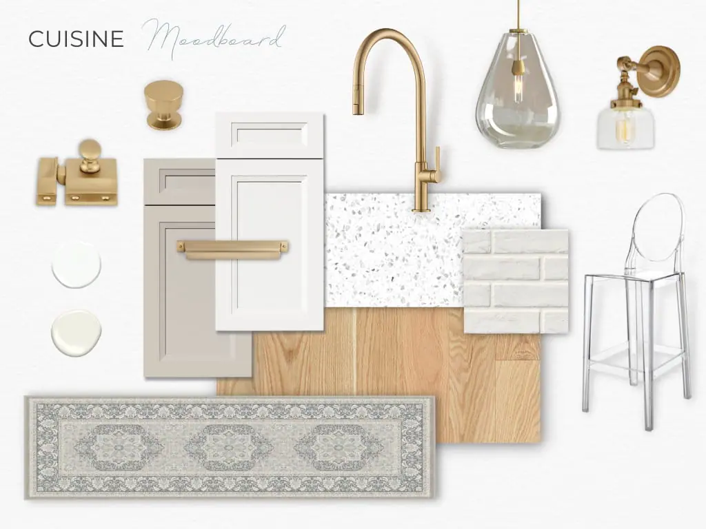 Un moodboard de design d'intérieur d'une cuisine avec des accents dorés, réalisé par une designer d'intérieur de Granby, en Estrie.