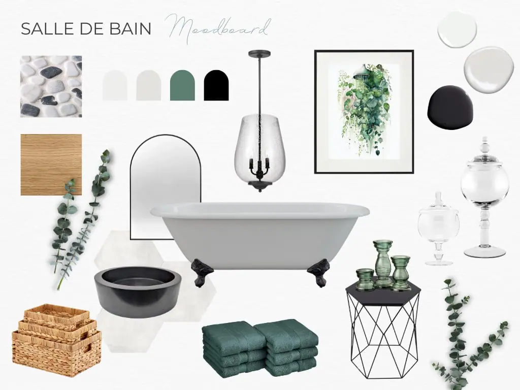 Un moodboard d'une salle de bain farmhouse moderne, réalisé par une designer d'intérieur de Granby, en Estrie.