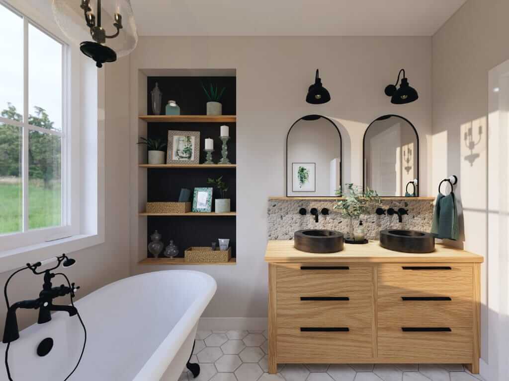 Un rendu 3D d'une salle de bain avec une baignoire et un lavabo, réalisé par une designer d'intérieur de Granby, en Estrie.