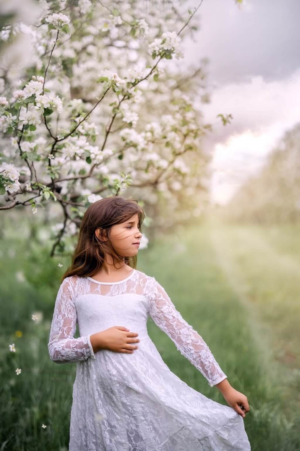 Une petite fille en robe blanche dans un verger de pommiers — Rébecca Vandal, photographe à Granby