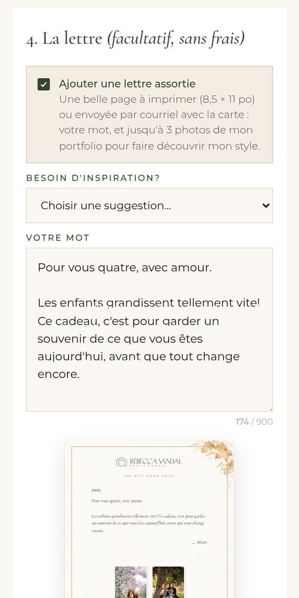 Lettre assortie avec photos du portfolio (téléphone)