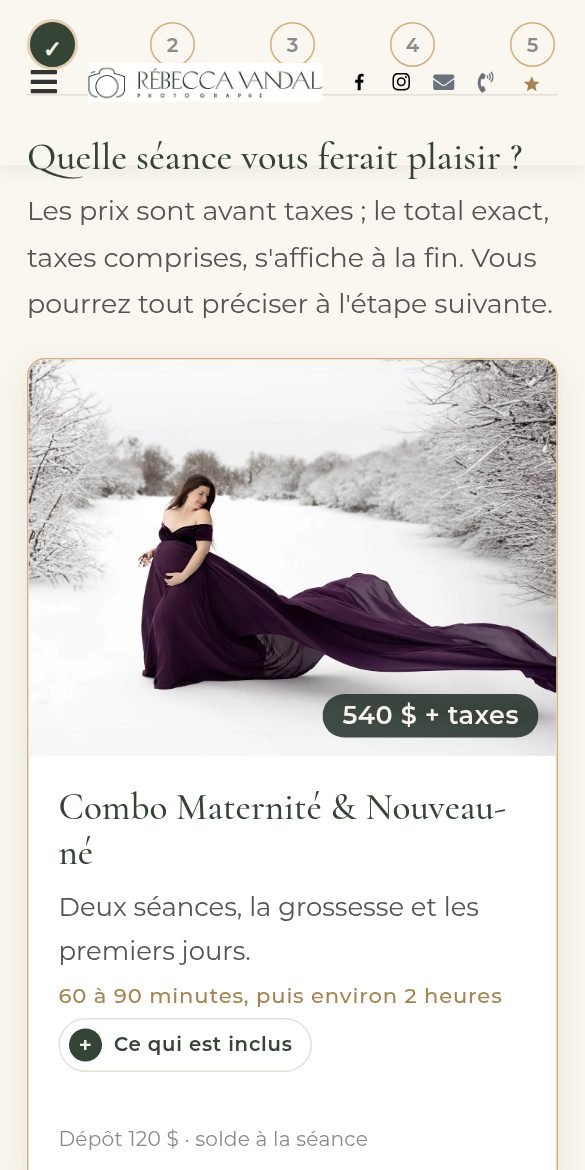 Choix de la séance sur la page Réserver (téléphone)