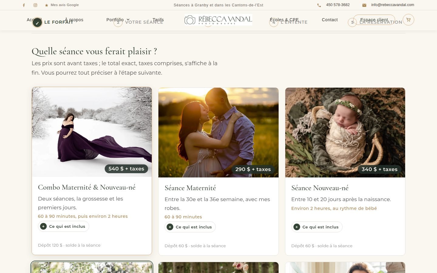 Choix de la séance sur la page Réserver (ordinateur)