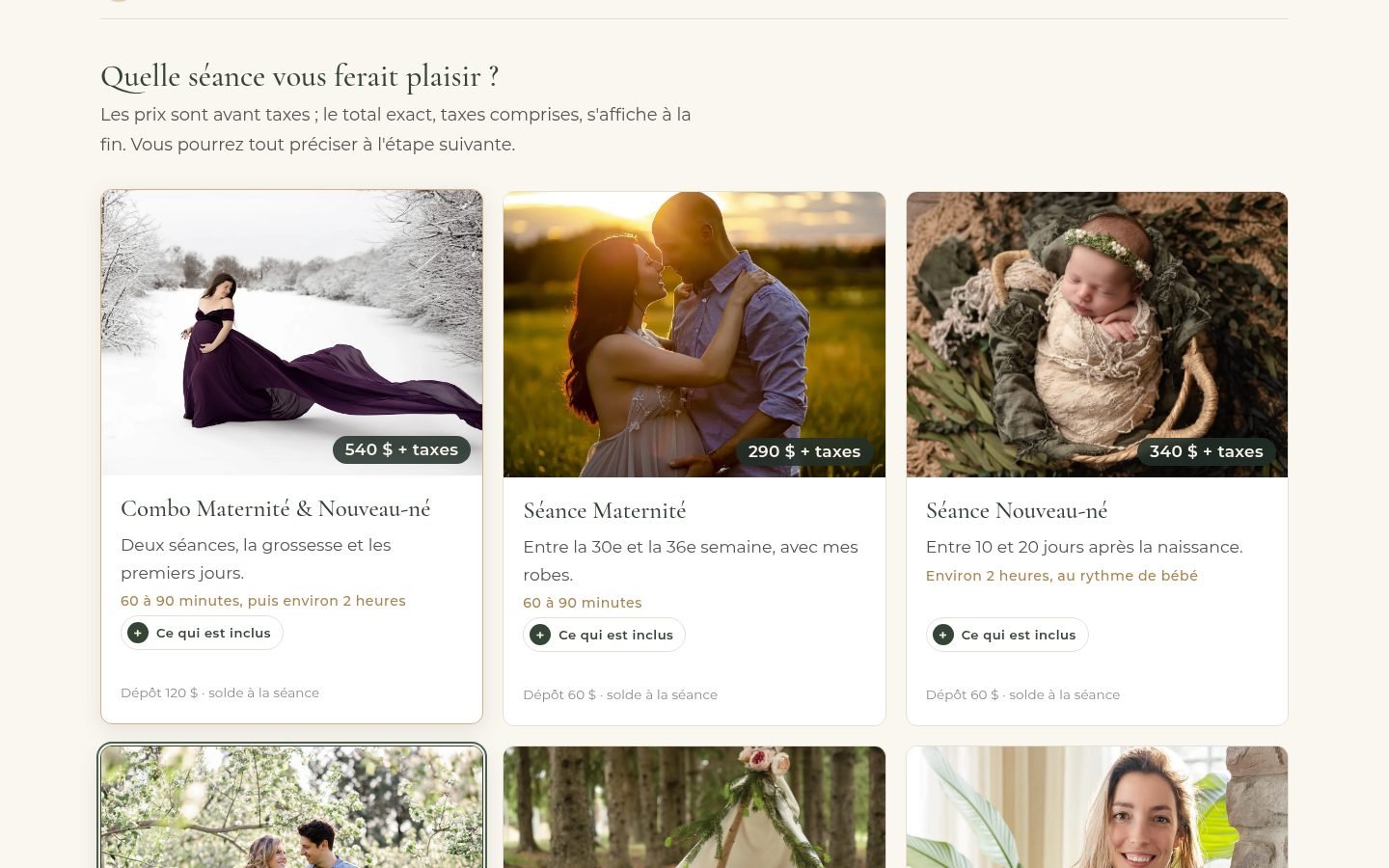Choix de la séance sur la page Réserver (ordinateur)