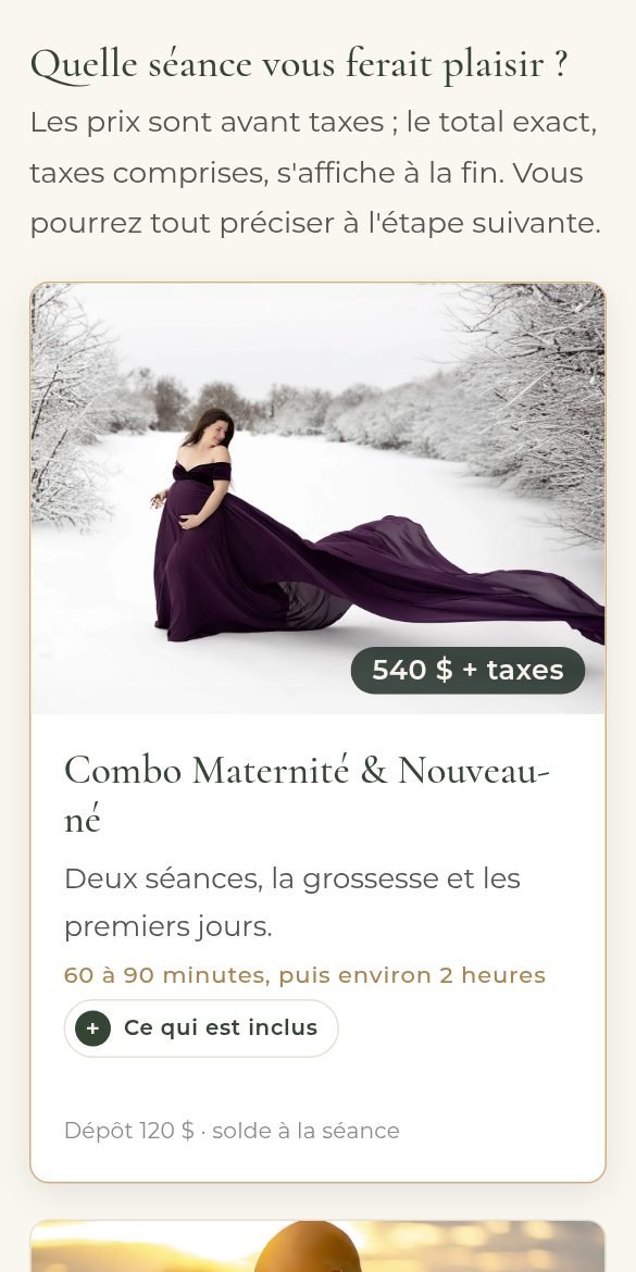 Choix de la séance sur la page Réserver (téléphone)