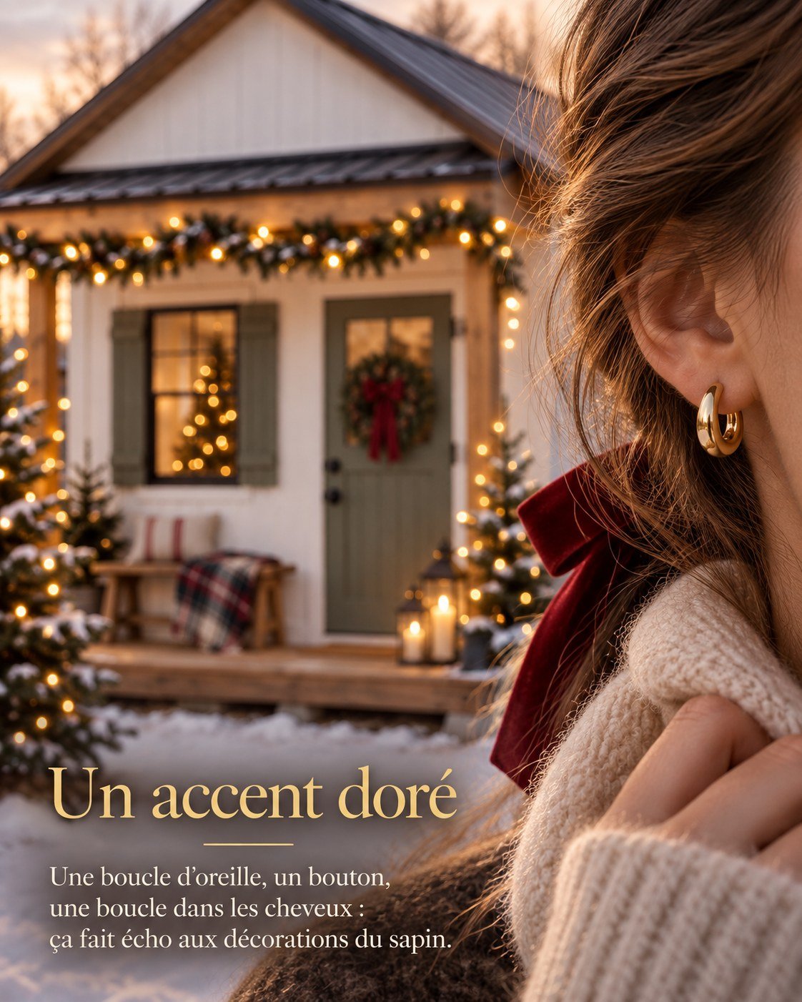 Un accent doré — Une boucle d'oreille, un bouton, une boucle dans les cheveux : ça fait écho aux décorations du sapin.