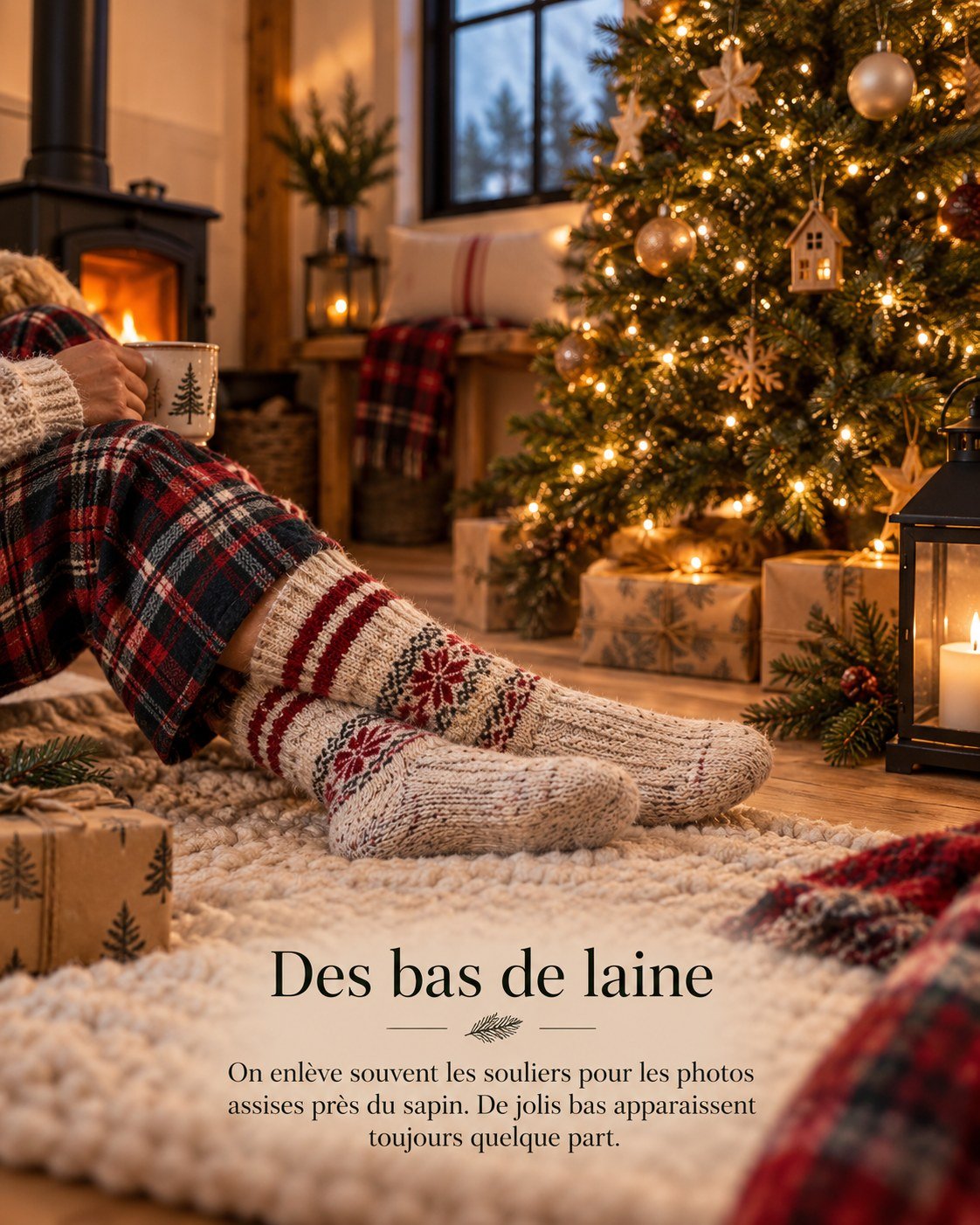 Des bas de laine — On enlève souvent les souliers pour les photos assises près du sapin. De jolis bas apparaissent toujours quelque part.