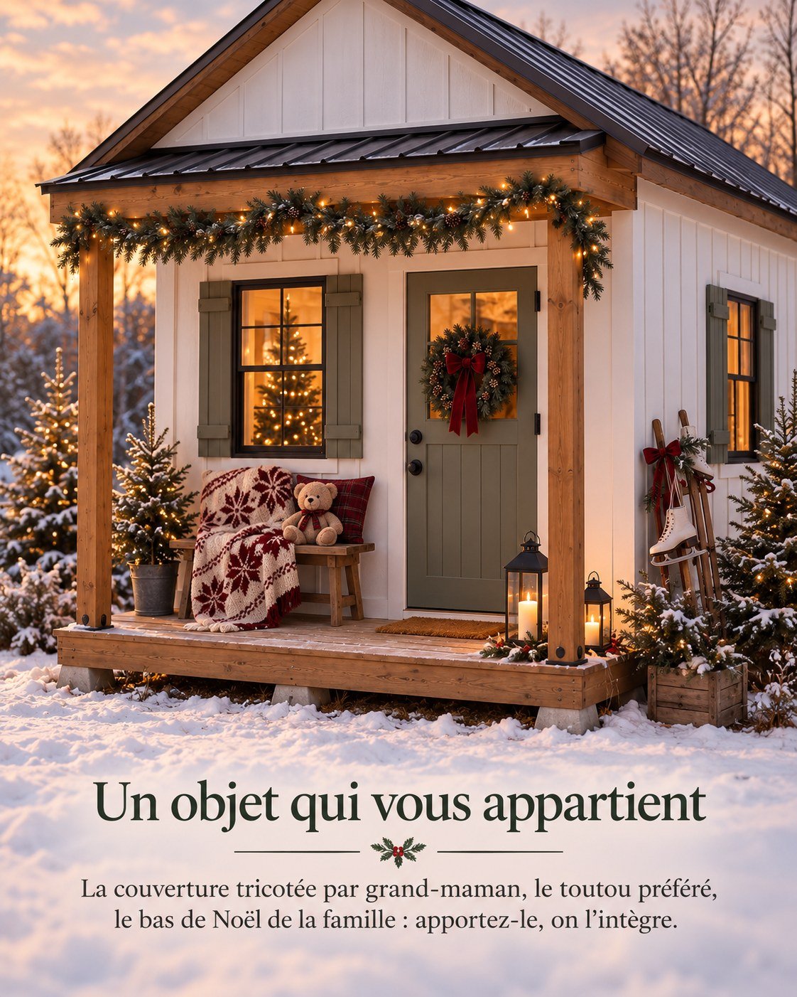 Un objet qui vous appartient — La couverture tricotée par grand-maman, le toutou préféré, le bas de Noël de la famille : apportez-le, on l'intègre.