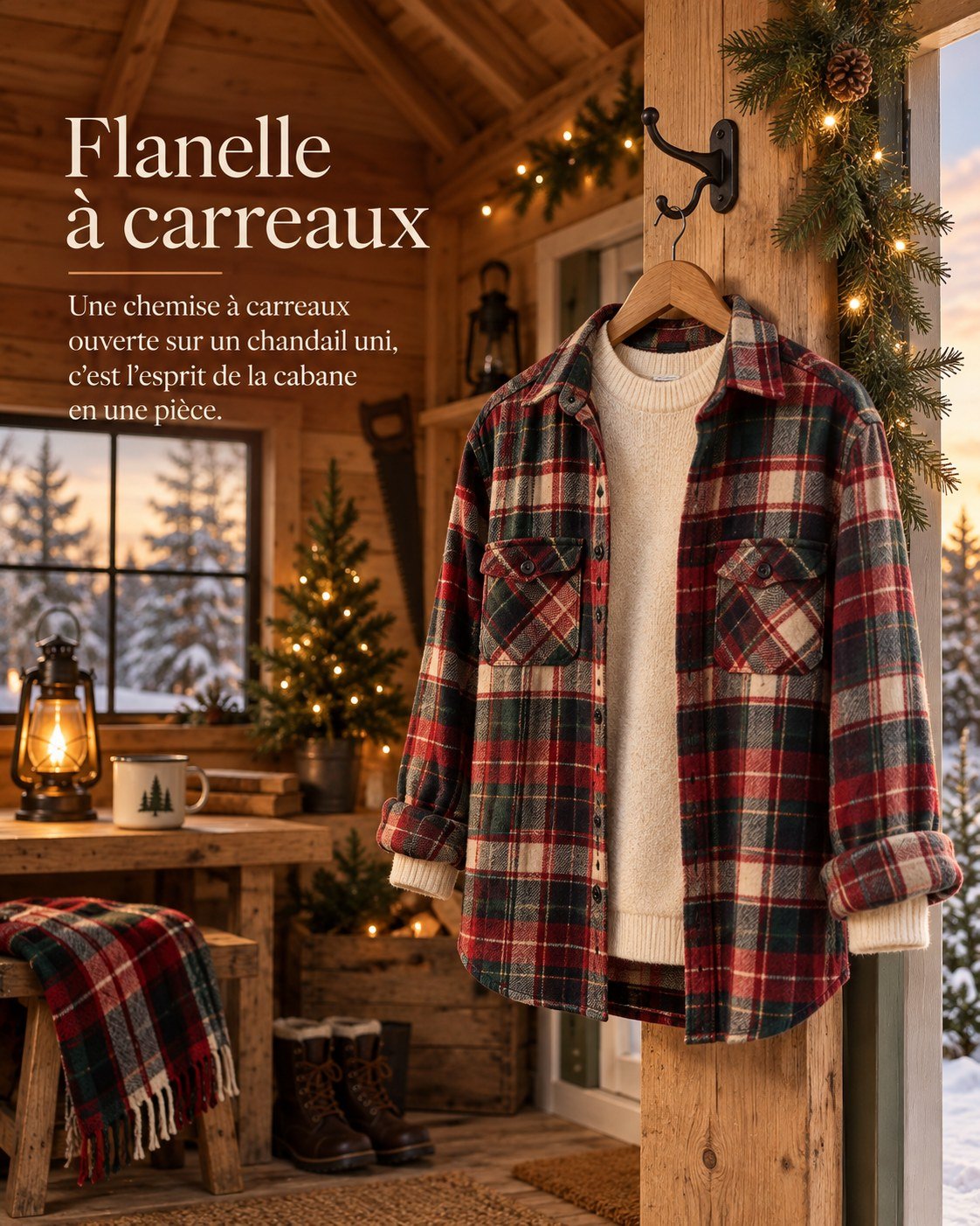 Flanelle à carreaux — Une chemise à carreaux ouverte sur un chandail uni, c'est l'esprit de la cabane en une pièce.
