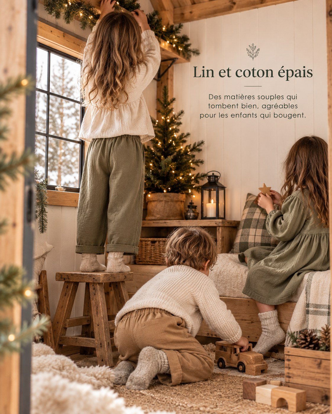 Lin et coton épais — Des matières souples qui tombent bien, agréables pour les enfants qui bougent.