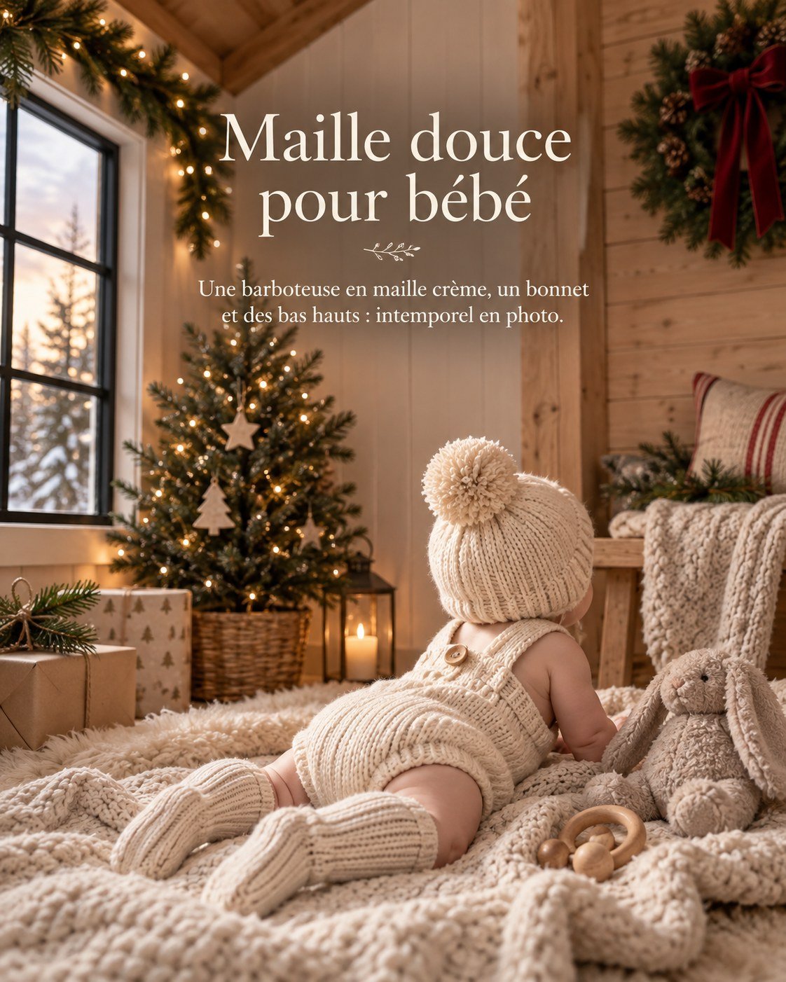 Maille douce pour bébé — Une barboteuse en maille crème, un bonnet et des bas hauts : intemporel en photo.