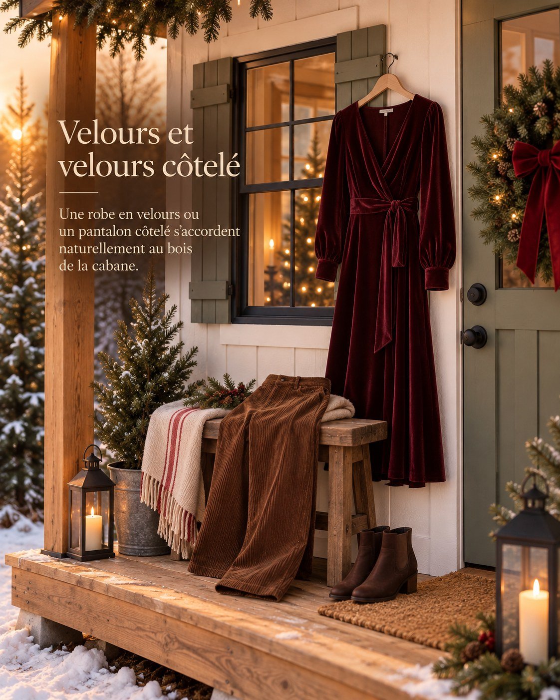 Velours et velours côtelé — Une robe en velours ou un pantalon côtelé s'accordent naturellement au bois de la cabane.