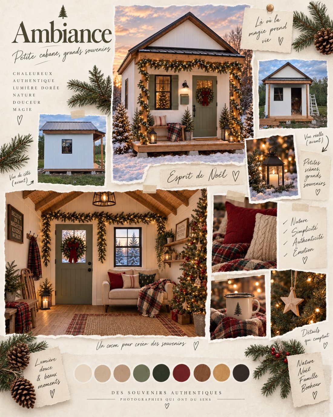 Planche d'ambiance : la cabane, ses textures de laine et de bois, et sa palette de couleurs.