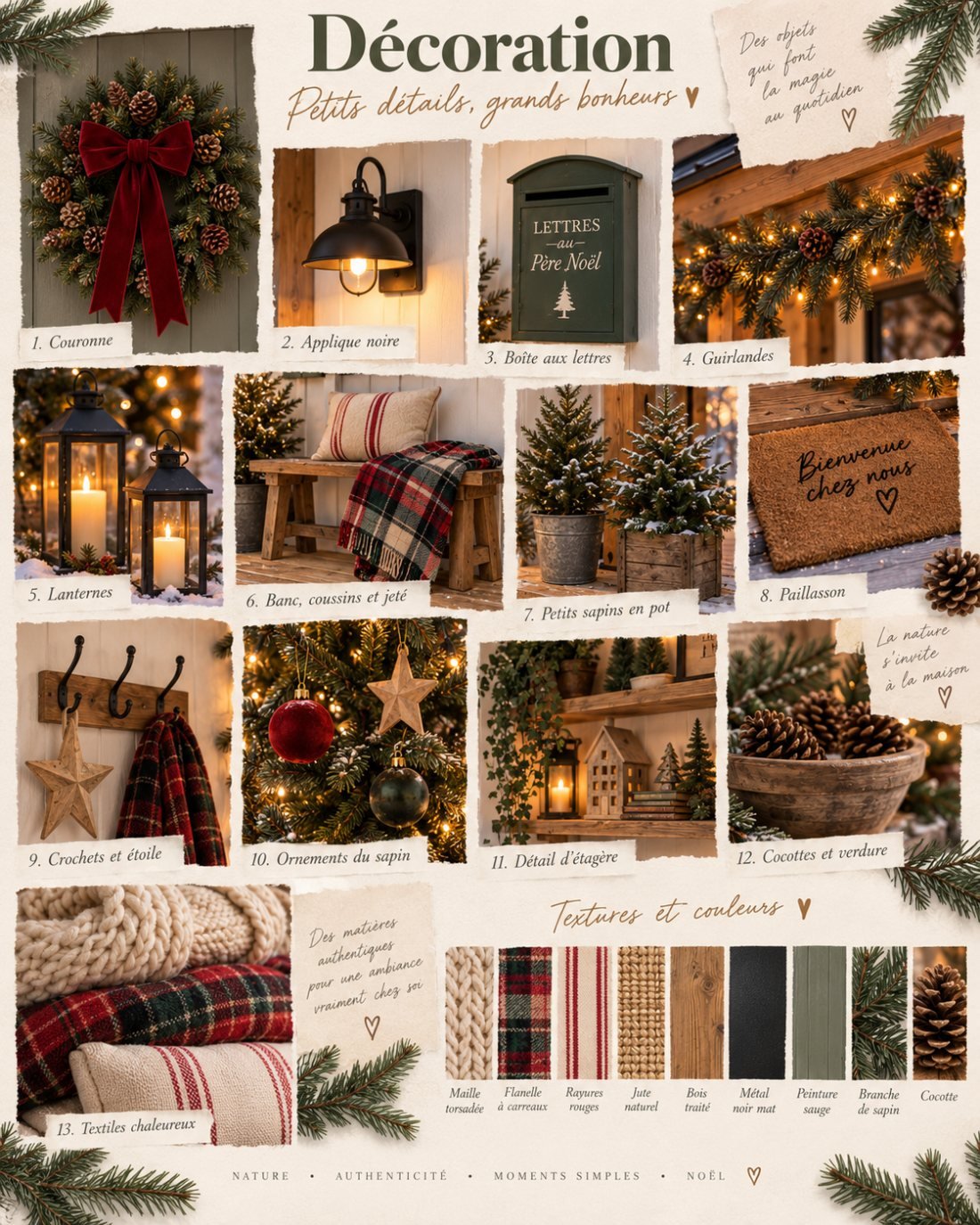 Planche de décoration : couronne, lanternes, bas de Noël, boîte aux lettres, petits sapins en pot.