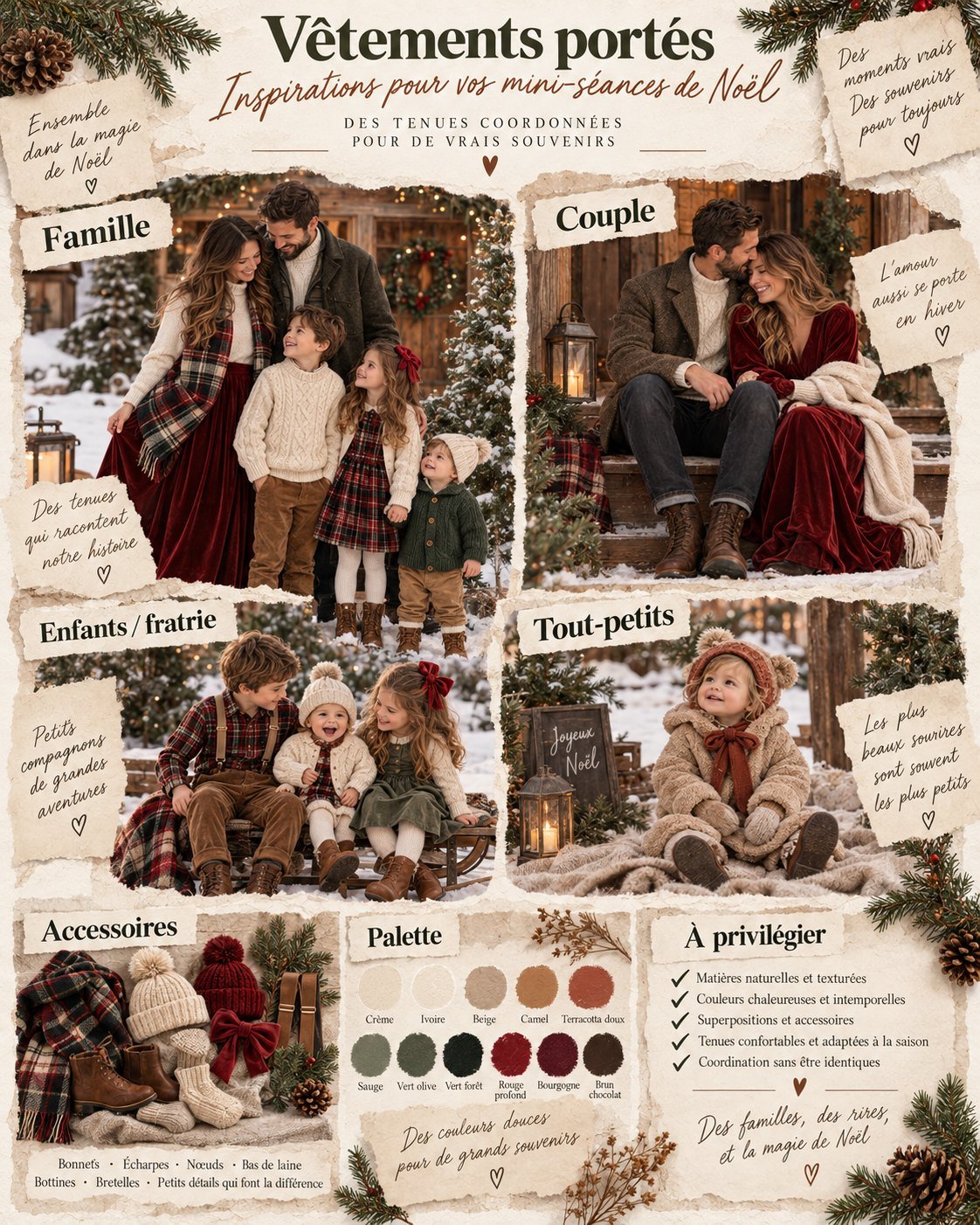 Planche « Vêtements portés » : les mêmes tenues vues sur des familles, un couple, une fratrie et un tout-petit, devant la cabane.
