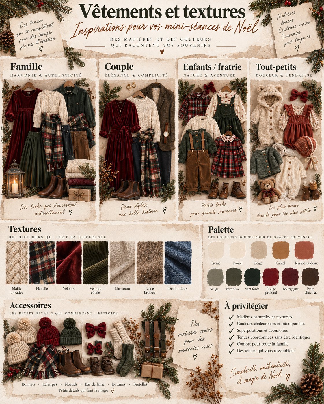 Planche « Vêtements et textures » : des tenues pour la famille, le couple, la fratrie et les tout-petits, avec les matières, les accessoires et la palette de couleurs.
