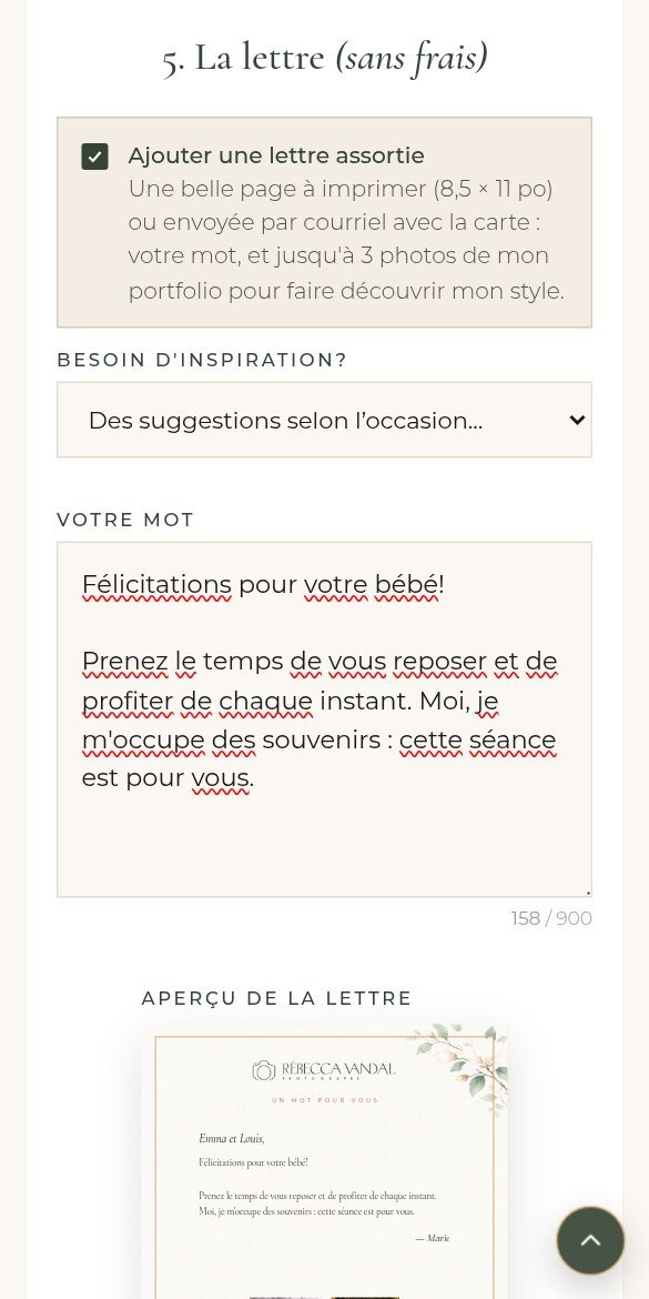 Lettre assortie avec photos du portfolio (téléphone)
